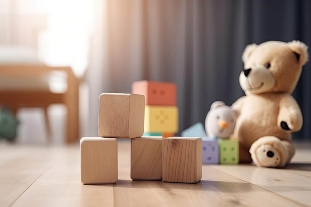 Wooden toy blocks on wooden table in the Childrens room